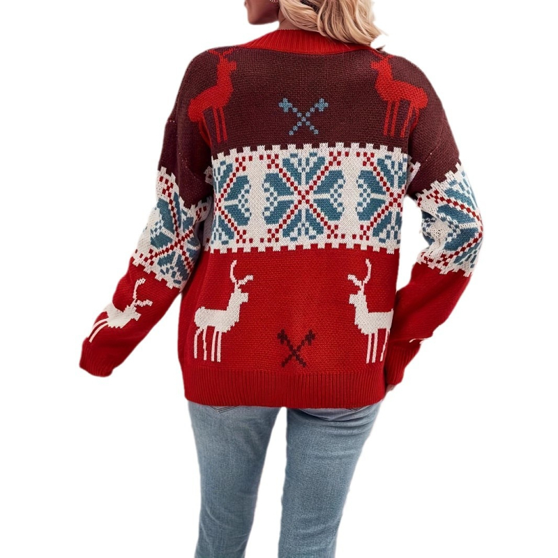 Cardigan jacquard pentru femei, croială lejeră, poliester, decolteu în V, lungime medie.