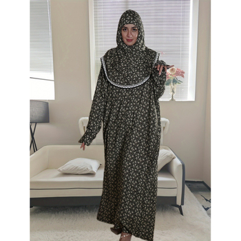 Халат за молитва с качулка в арабски стил, дантела и принт, дълга кройка, вискозна материя