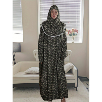 Халат за молитва с качулка в арабски стил, дантела и принт, дълга кройка, вискозна материя