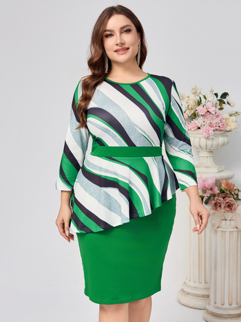 Φόρεμα πολυεστέρα με ρίγες, στρογγυλή λαιμόκοψη, μανίκια 3/4, μήκος μίντι, κομψό στυλ