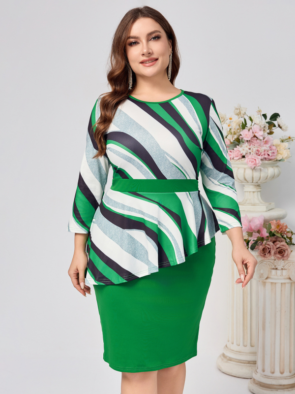 rochie din poliester cu dungi, guler rotund, mâneci 3/4, lungime midi, stil elegant