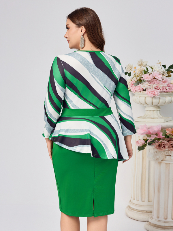 rochie din poliester cu dungi, guler rotund, mâneci 3/4, lungime midi, stil elegant