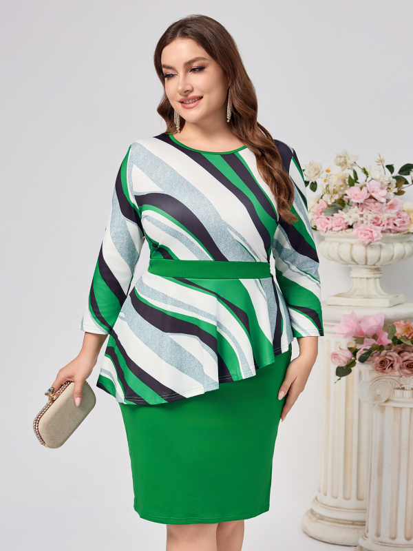 rochie din poliester cu dungi, guler rotund, mâneci 3/4, lungime midi, stil elegant