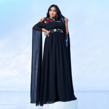 Rochie de seară cu guler rotund, mâneci lungi, paiete, amestec poliester/elastan, croială mulată pe șolduri