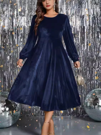 Φόρεμα βελούδινο με μακριά μανίκια, Α-γραμμής, στρογγυλός λαιμός, μακριά μέχρι το πάτωμα, πολυεστέρας με ελαστάνη