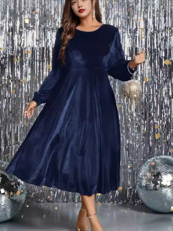 Φόρεμα βελούδινο με μακριά μανίκια, Α-γραμμής, στρογγυλός λαιμός, μακριά μέχρι το πάτωμα, πολυεστέρας με ελαστάνη
