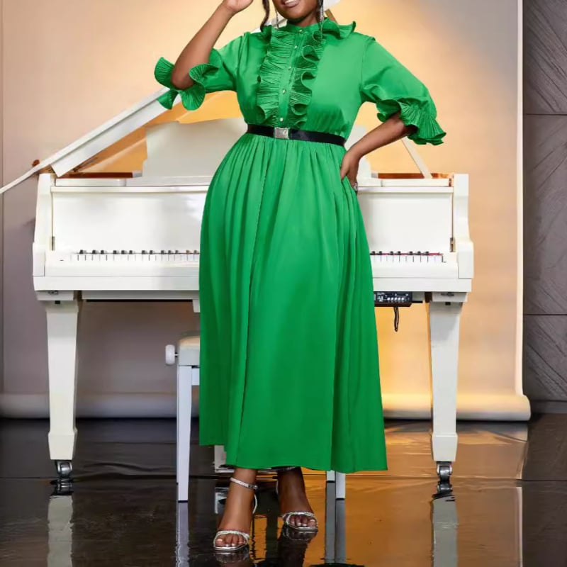 А-образна рокля с фонарни ръкави, стояща яка, пуловер стил, полиестерна материя