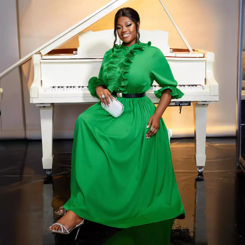 А-образна рокля с фонарни ръкави, стояща яка, пуловер стил, полиестерна материя