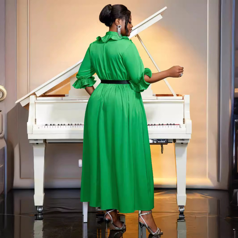 А-образна рокля с фонарни ръкави, стояща яка, пуловер стил, полиестерна материя