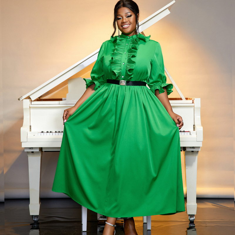 А-образна рокля с фонарни ръкави, стояща яка, пуловер стил, полиестерна материя