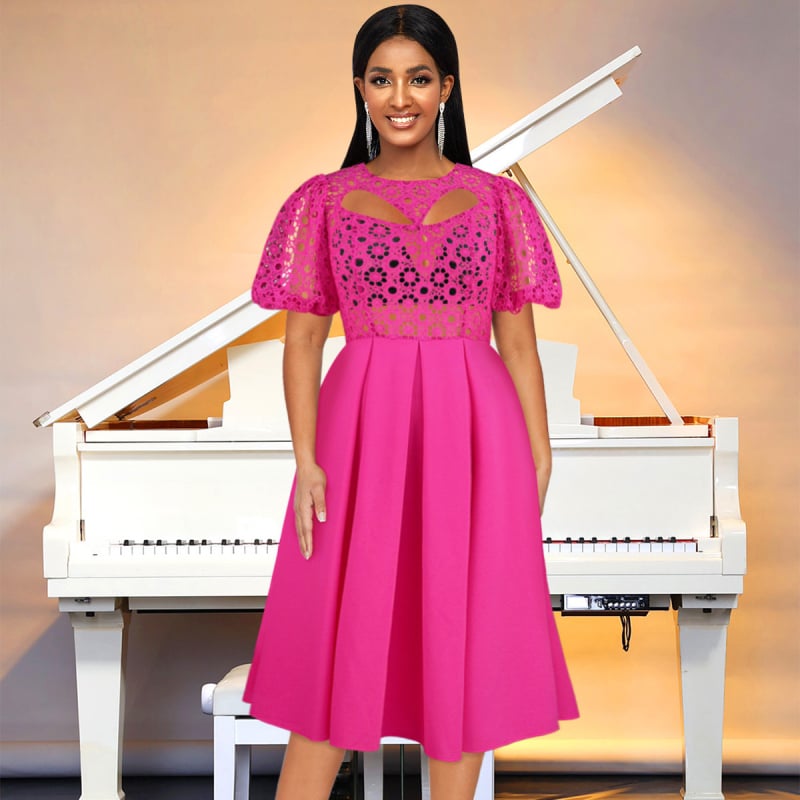 Φόρεμα από πολυεστέρα με στρογγυλό λαιμό, κοντά μανίκια, φερμουάρ και γραμμή Α