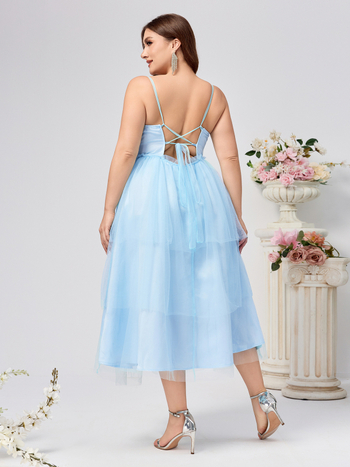 Plus veličina mrežasta svadbena haljina s tankim trakama, A-kroj, bez rukava, poliester-elastan smjesa, proljeće 2025