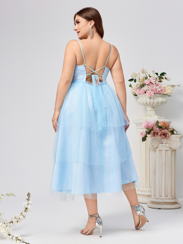 Plus veličina mrežasta svadbena haljina s tankim trakama, A-kroj, bez rukava, poliester-elastan smjesa, proljeće 2025