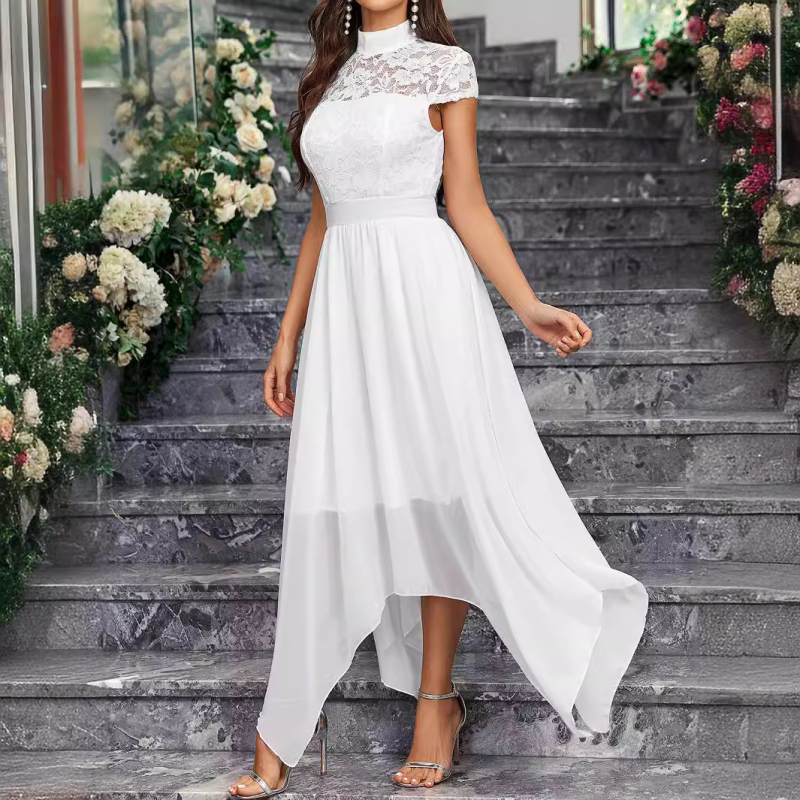 Haljina za kumu, bez rukava, čipkasta šifon s visokim ovratnikom, srednja duljina, spandeks mješavina, ljeto 2024