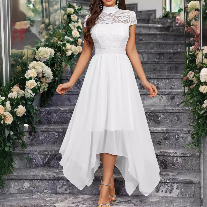 Haljina za kumu, bez rukava, čipkasta šifon s visokim ovratnikom, srednja duljina, spandeks mješavina, ljeto 2024