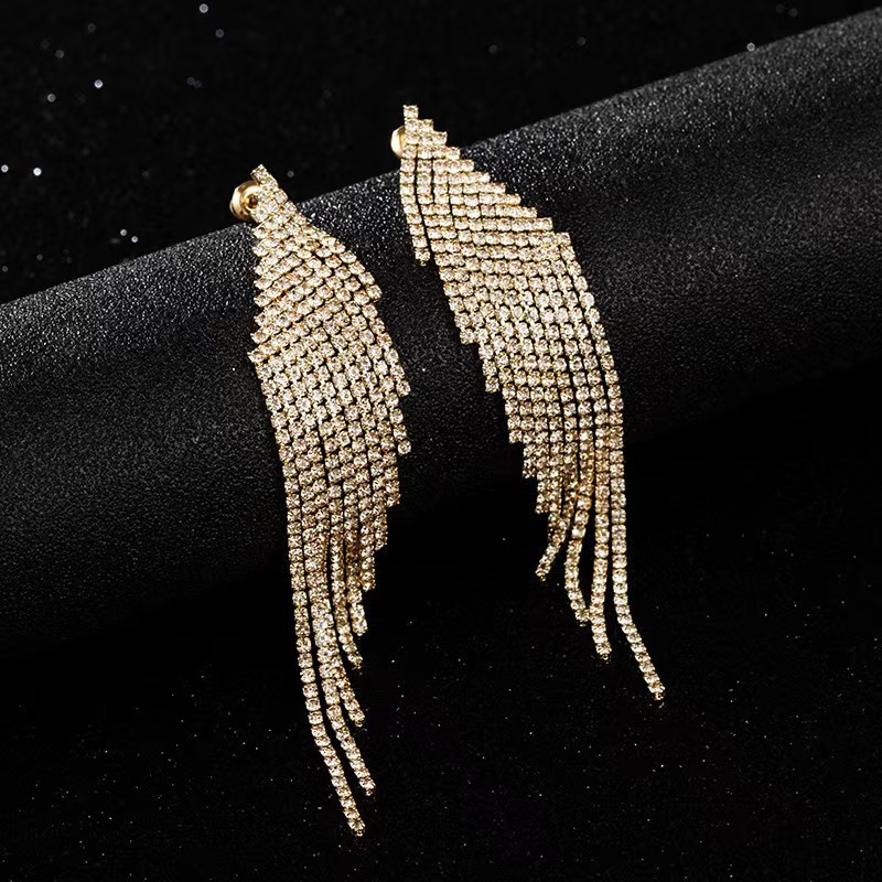 Moterys auskarai – geometrinis dizainas, strass akmenys, ilgos sparno formos karoliukai, vintažo stilius | Liudengqi