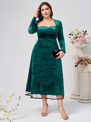 Večernja haljina od baršuna s dugim rukavima, midi duljine suknje, poliester — zima 2024