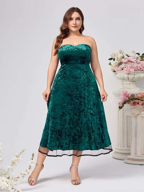 Večernja haljina od baršuna s dugim rukavima, midi duljine suknje, poliester — zima 2024