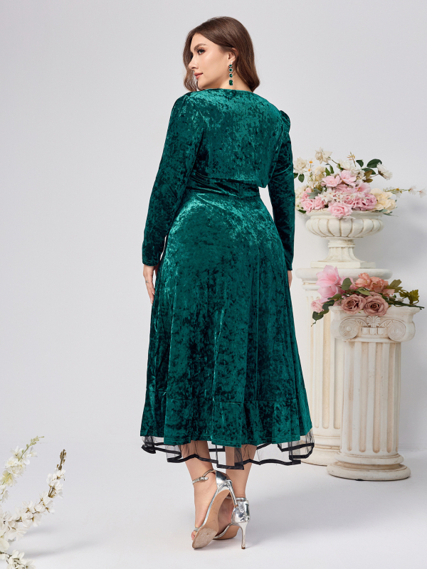 Večernja haljina od baršuna s dugim rukavima, midi duljine suknje, poliester — zima 2024