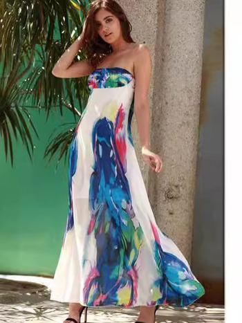 Φόρεμα από πολυεστέρα με ψηφιακό φλοράλ τύπωμα, χωρίς μανίκια, χωρίς γιακά, Α-γραμμής, μακρύ