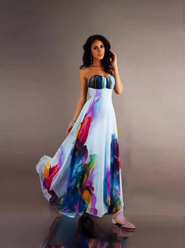 Φόρεμα από πολυεστέρα με ψηφιακό φλοράλ τύπωμα, χωρίς μανίκια, χωρίς γιακά, Α-γραμμής, μακρύ