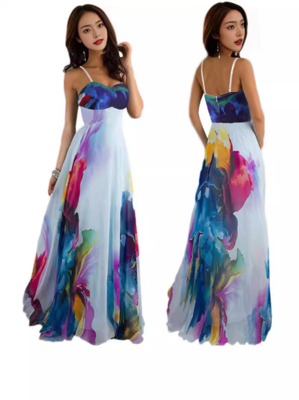 Φόρεμα από πολυεστέρα με ψηφιακό φλοράλ τύπωμα, χωρίς μανίκια, χωρίς γιακά, Α-γραμμής, μακρύ