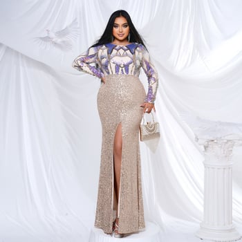 Csillogó hosszú ujjú estélyi ruha kerek nyakkal, uszályos fazon és flitterekkel, poliészter–spandex keverék (95% poliészter, 5% spandex), magas hőmérsékletű formázás, 2024 nyár.