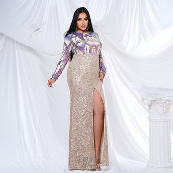 Csillogó hosszú ujjú estélyi ruha kerek nyakkal, uszályos fazon és flitterekkel, poliészter–spandex keverék (95% poliészter, 5% spandex), magas hőmérsékletű formázás, 2024 nyár.