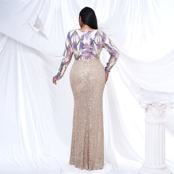 Csillogó hosszú ujjú estélyi ruha kerek nyakkal, uszályos fazon és flitterekkel, poliészter–spandex keverék (95% poliészter, 5% spandex), magas hőmérsékletű formázás, 2024 nyár.