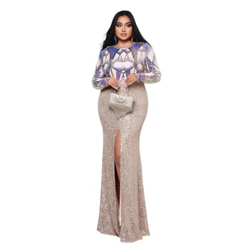 Csillogó hosszú ujjú estélyi ruha kerek nyakkal, uszályos fazon és flitterekkel, poliészter–spandex keverék (95% poliészter, 5% spandex), magas hőmérsékletű formázás, 2024 nyár.