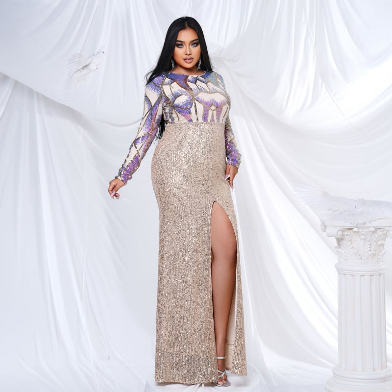 Csillogó hosszú ujjú estélyi ruha kerek nyakkal, uszályos fazon és flitterekkel, poliészter–spandex keverék (95% poliészter, 5% spandex), magas hőmérsékletű formázás, 2024 nyár.