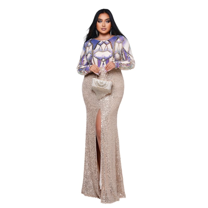 Csillogó hosszú ujjú estélyi ruha kerek nyakkal, uszályos fazon és flitterekkel, poliészter–spandex keverék (95% poliészter, 5% spandex), magas hőmérsékletű formázás, 2024 nyár.