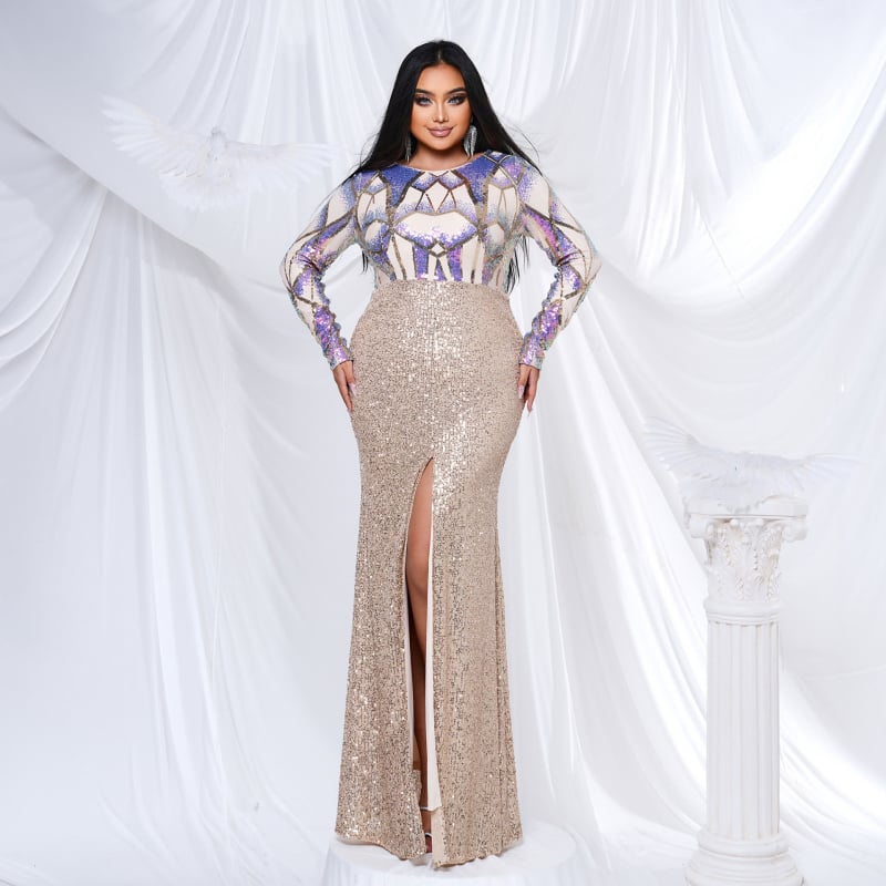 Csillogó hosszú ujjú estélyi ruha kerek nyakkal, uszályos fazon és flitterekkel, poliészter–spandex keverék (95% poliészter, 5% spandex), magas hőmérsékletű formázás, 2024 nyár.