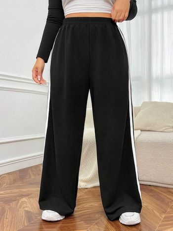 Плюс размер дамски панталони с широки крачоли - еластична талия, смес памук-полиестер (памук 30-50%, полиестер 50-70%), тънки, зима 2024