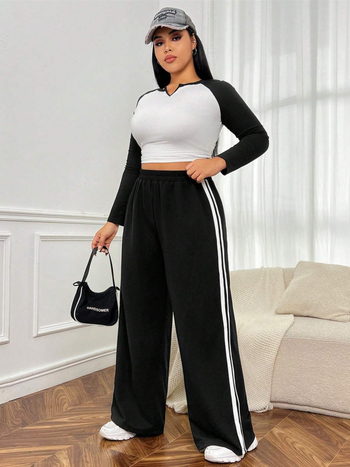 Плюс размер дамски панталони с широки крачоли - еластична талия, смес памук-полиестер (памук 30-50%, полиестер 50-70%), тънки, зима 2024