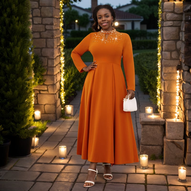 Afrička ženska haljina s dugim rukavima, stojeći ovratnik, A-linijski kroj, 95% poliester