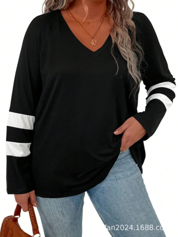 Top damă cu model bloc, poliester, decolteu în V, mâneci lungi