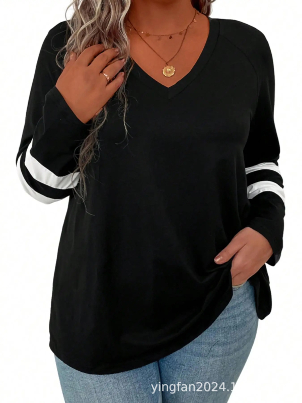 Top damă cu model bloc, poliester, decolteu în V, mâneci lungi