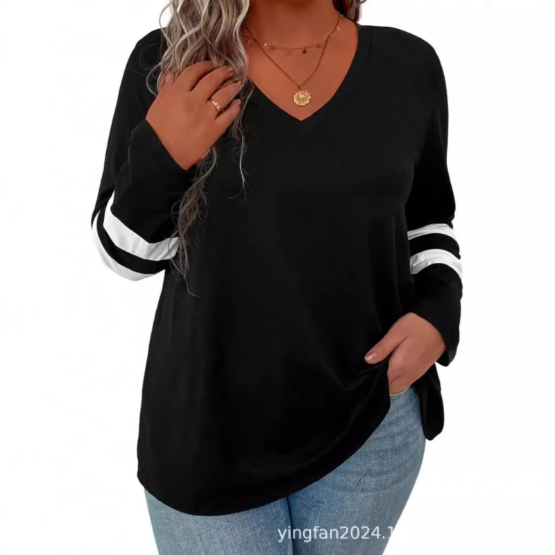 Top damă cu model bloc, poliester, decolteu în V, mâneci lungi