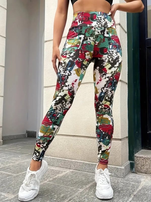 Női magas derekú leggings teljes testet átfogó mintával, szoros fazon, magas rugalmasság, poliészter 95%+, jóga és edzés