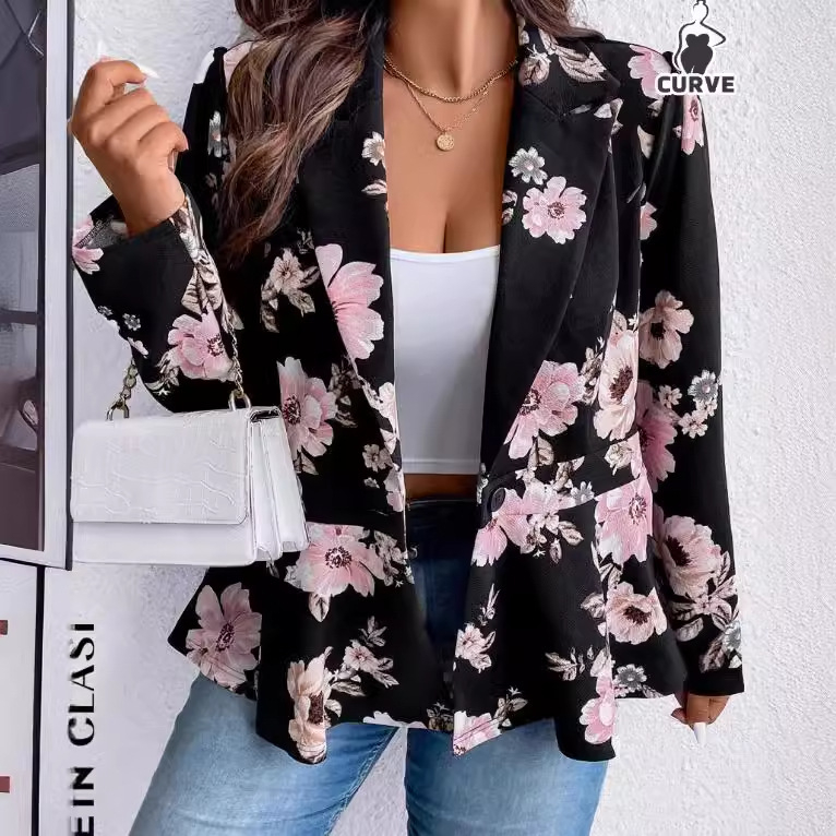 Női virágmintás kötött blézer, szabott gallérral, hosszú ujjak, egygombos zárás, poliészter anyag
