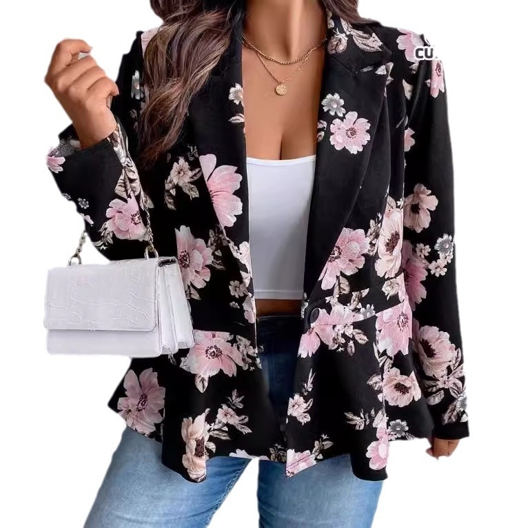 Női virágmintás kötött blézer, szabott gallérral, hosszú ujjak, egygombos zárás, poliészter anyag