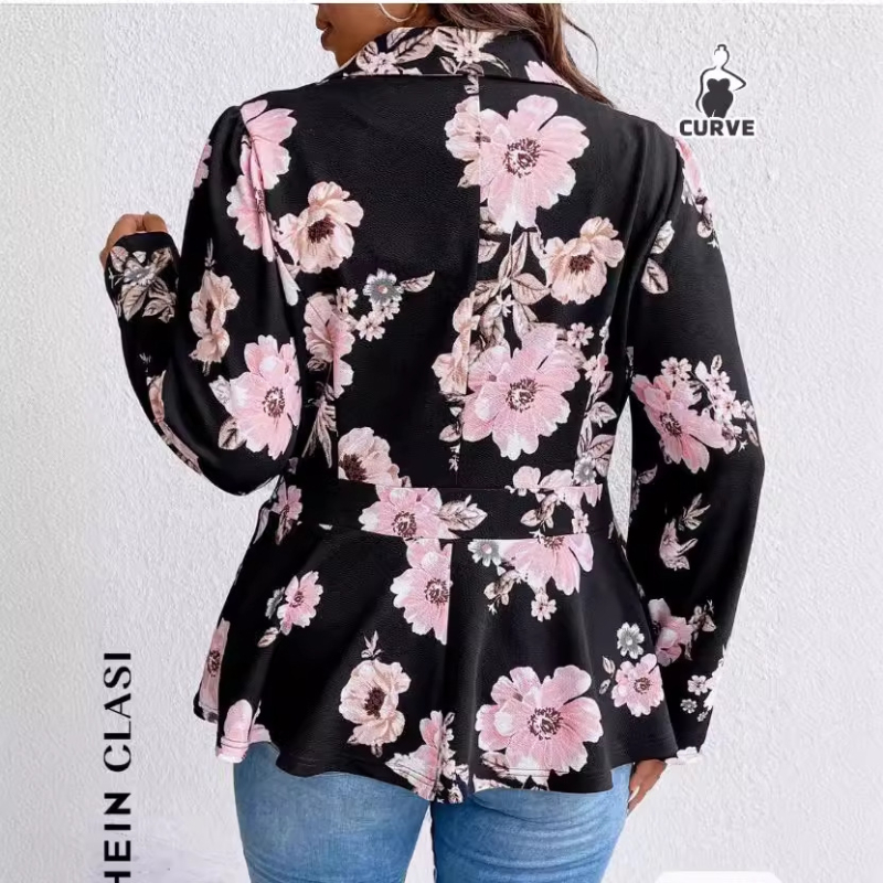 Női virágmintás kötött blézer, szabott gallérral, hosszú ujjak, egygombos zárás, poliészter anyag