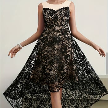 Rochie dantelată, spate gol, fără mâneci, guler rotund; amestec poliester-spandex