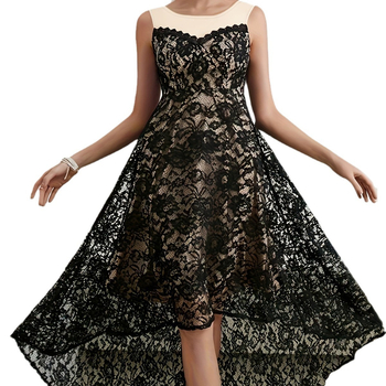 Rochie dantelată, spate gol, fără mâneci, guler rotund; amestec poliester-spandex