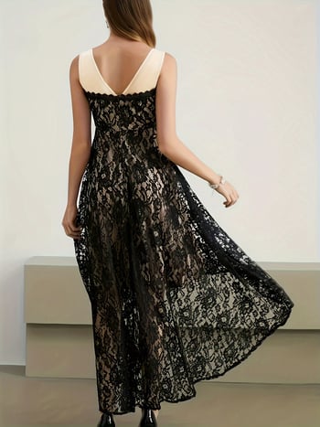 Rochie dantelată, spate gol, fără mâneci, guler rotund; amestec poliester-spandex