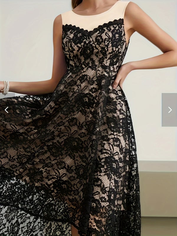 Rochie dantelată, spate gol, fără mâneci, guler rotund; amestec poliester-spandex