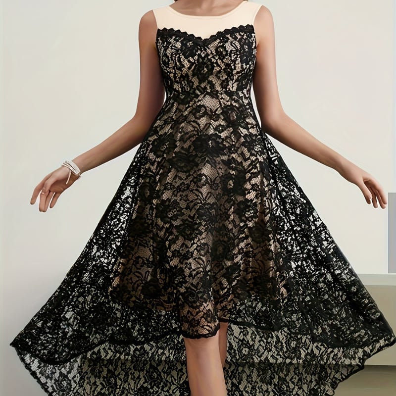 Rochie dantelată, spate gol, fără mâneci, guler rotund; amestec poliester-spandex