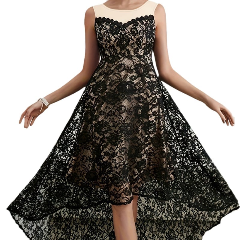 Rochie dantelată, spate gol, fără mâneci, guler rotund; amestec poliester-spandex