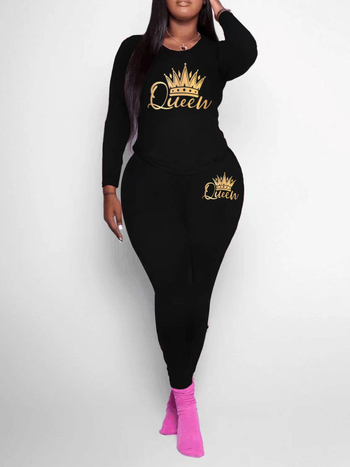 Кежуъл двучастов костюм с градиентен принт на кралска корона, топ с дълги ръкави и панталони, плат Milk Silk със 90–95% еластан, Зима 2024